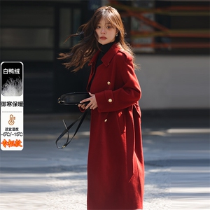 红色喜庆毛呢大衣女中长款2025新款厚内胆加羽绒服呢子外套秋冬季图片