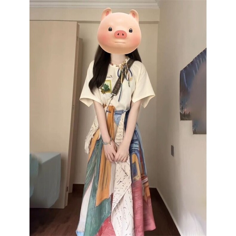 韩系复古梵高不规则半身裙子搭配短袖t恤2025复古文艺女两件套装,男装T恤,星座1210-1