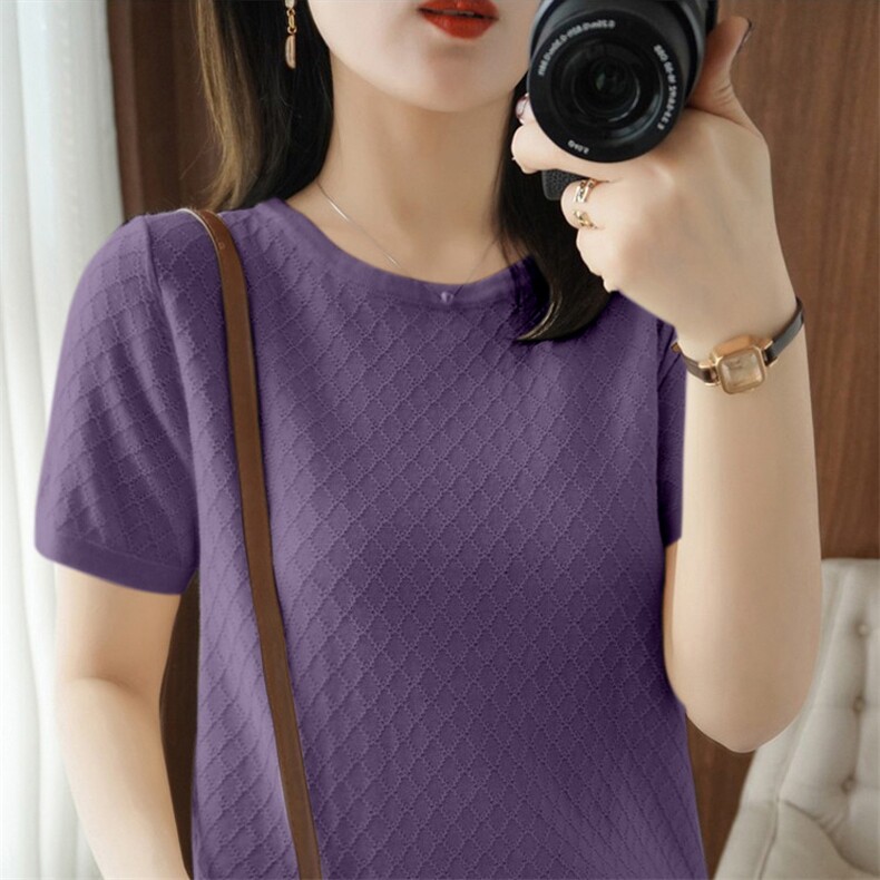 2025夏季新款女士纯棉圆领镂空针织衫短袖T恤宽松显瘦，女装针织衫/毛衣，品高羊绒