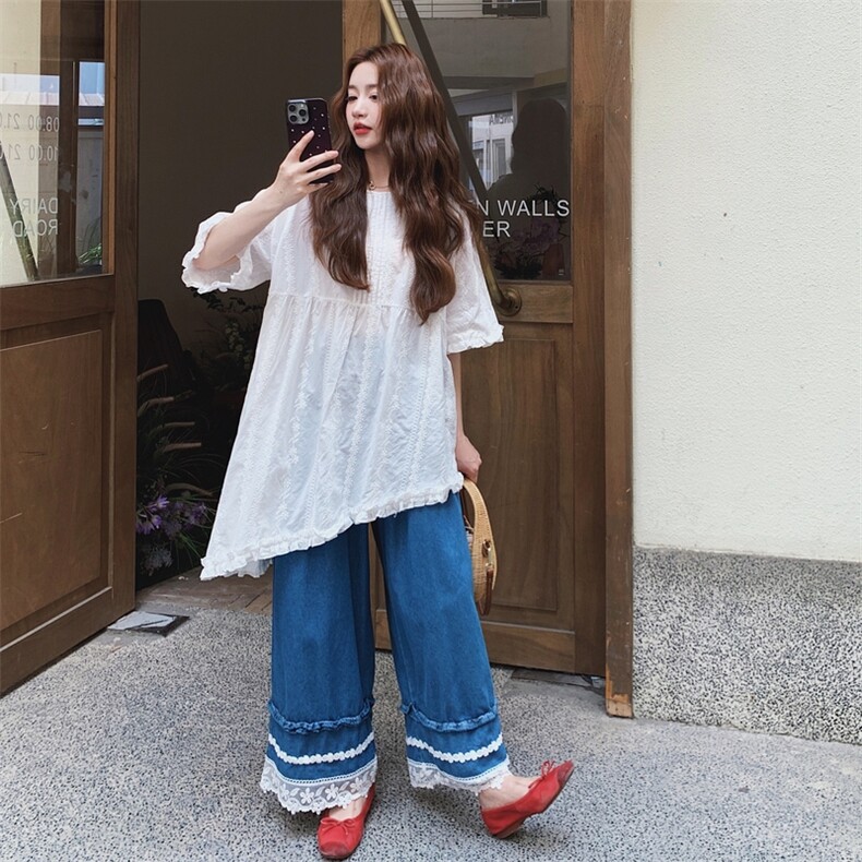不规则刺绣碎花衬衫阔腿裤套装女夏2025新款超火绝美温柔风两件套,女装套装/套裙,浙宝217