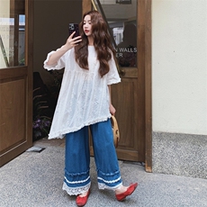 不规则刺绣碎花衬衫阔腿裤套装女夏2025新款超火绝美温柔风两件套，女装套装/套裙，浙宝217