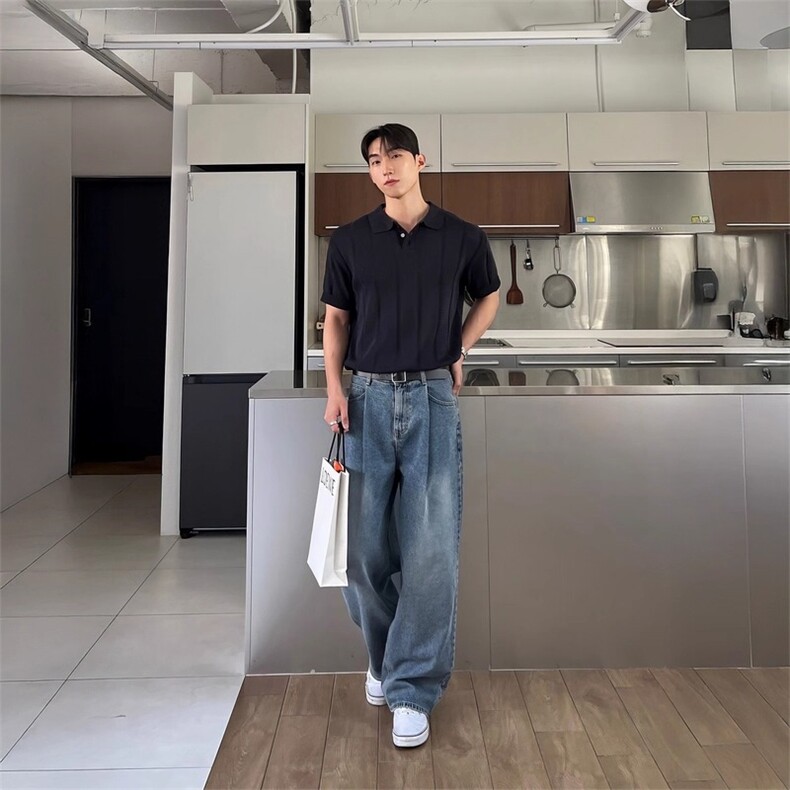 休闲美式覆古掐褶水洗牛仔裤男夏季薄款潮流百搭宽松阔腿直筒长裤,女装休闲裤,星座1210-1