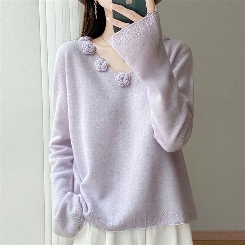 秋冬立体花朵喇叭袖V领100纯羊毛衫女设计感时尚显白针织打底毛衣，女装针织衫/毛衣，江南羊绒