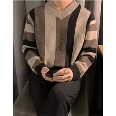 慵懒风竖纹V领轻奢风针织衫男宽松休闲撞色套头长袖毛衣MB183，男装针织衫/毛衣，星座1116A（原606A-3）