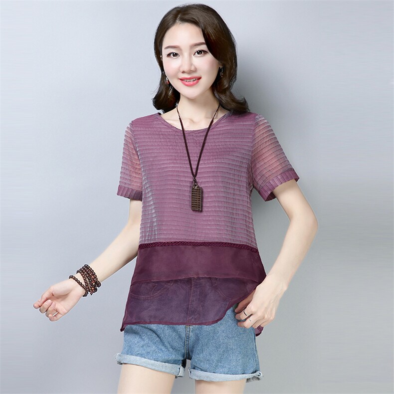 2021年夏季圆领拼接蕾丝衫/雪纺衫细横条纹纯色纱网短袖时尚，女装蕾丝衫/雪纺衫，独衣靓