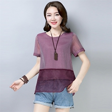 2021年夏季圆领拼接蕾丝衫/雪纺衫细横条纹纯色纱网短袖时尚，女装蕾丝衫/雪纺衫，独衣靓