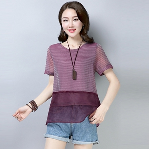 2021年夏季 圆领 拼接 蕾丝衫/雪纺衫 细横条纹 纯色 纱网 短袖 时尚,女装蕾丝衫/雪纺衫,独衣靓