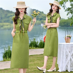 DLM8665天丝亚麻巨好看工装斜纹中长款连衣裙夏季新款修身显瘦裙图片