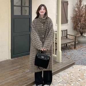 咖色复古格纹双面毛呢长大衣2025新款女冬巨好看小香风毛呢厚外套图片
