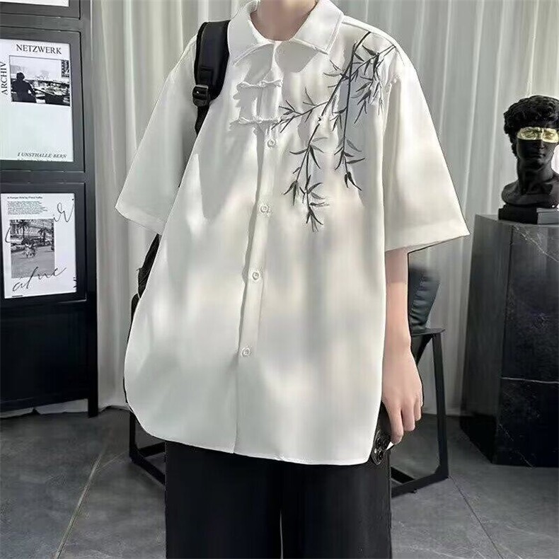 潮翻领免烫青少年标准新中式风裤子男士夏季薄款冰丝五分袖纯色,男装衬衫,星座506A
