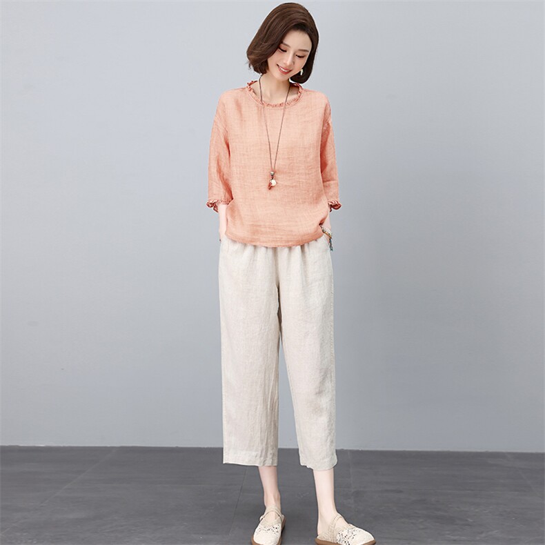 棉麻休闲套装女夏装2025夏季新款妈妈高端洋气时尚宽松苎麻两件套,女装套装/套裙,独衣靓