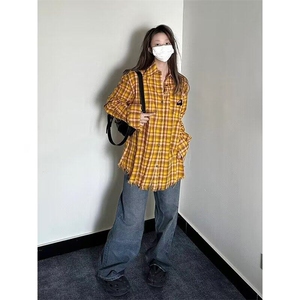 2025美式复古多巴胺黄色格子衬衫男女高街衬衣开衫长袖外套上衣图片