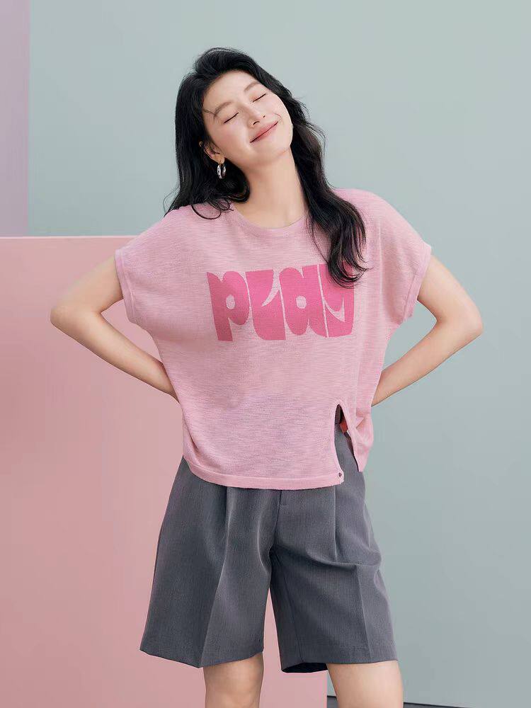 夏季不规则纽扣针织衫薄款字母短袖上衣女，女装T恤，魅途羊绒