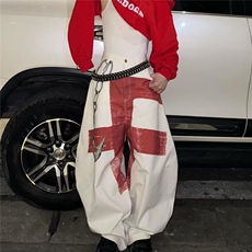 美式复古街头白色印花牛仔裤男潮牌宽松嘻哈炸街阔腿长裤，男装牛仔裤，四季星座505