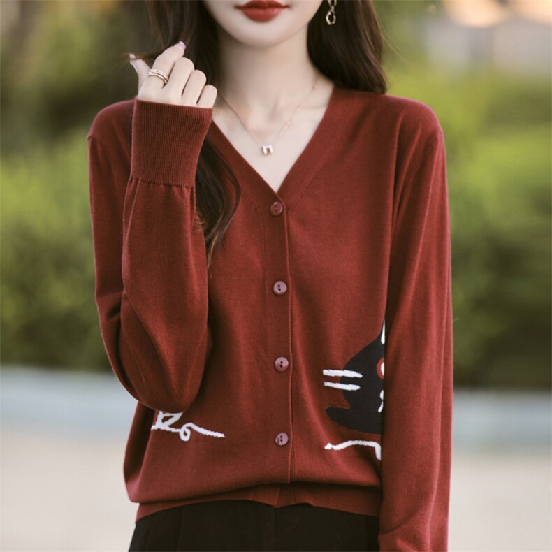 2025早秋V领针织开衫女休闲刺绣长袖毛衣外套时尚别致外搭上衣新，女装羊毛衫，昭美羊绒