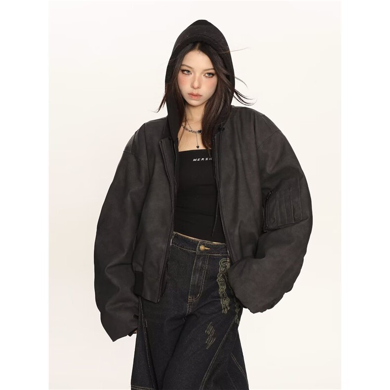 1506-1/MF021/P66假两件连帽PU皮夹克棉服男女秋冬夹棉外套,男装夹克,星座1506-1