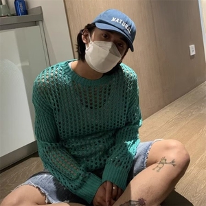 760-P35 春秋季镂空针织衫男ins港味宽松情侣圆领毛衣韩版潮流图片