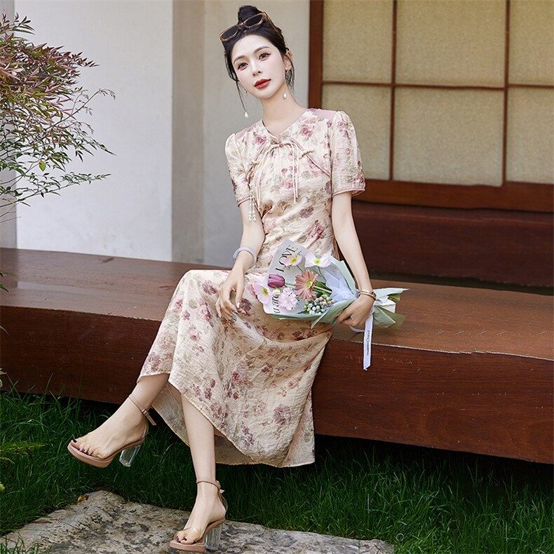 Acaine花楹曲/长款碎花长袖收腰连衣裙女夏季修身显瘦气质裙子,女装连衣裙,欣贝拉