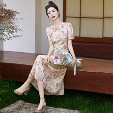 Acaine花楹曲/长款碎花长袖收腰连衣裙女夏季修身显瘦气质裙子，女装连衣裙，欣贝拉