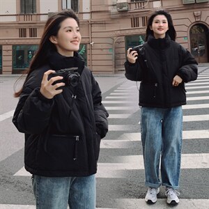 韩版宽松BV绿立领加厚绿色羽绒服女2022冬季新款短款外套90白鸭绒图片