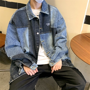 秋冬设计感撞色水洗做旧牛仔外套潮牌美式hiphop宽松休闲翻领夹克图片