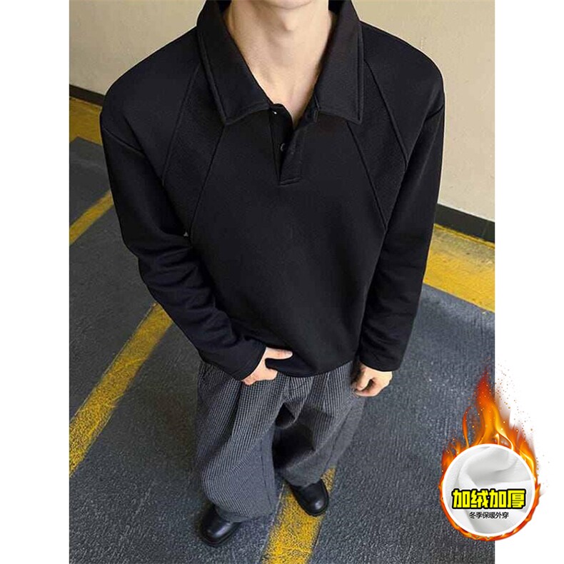 抖音得物高品质美式高街重磅曼巴棉结构螺纹拼接翻领卫衣长袖T恤，男装T恤，电商A486-1