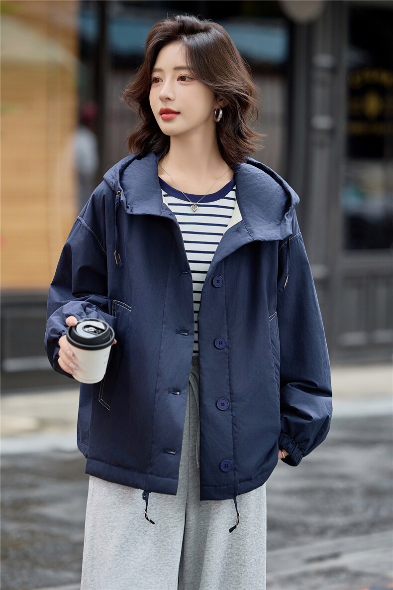 藏青色连帽宽松休闲夹棉外套女2025冬季极简廓形慵懒感小个子棉服,女装棉衣/棉服,梦懿尔