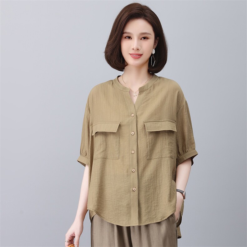 2023夏季新款女装宽松休闲衬衫时尚百搭显瘦V领短袖上衣,女装衬衫,悦见她