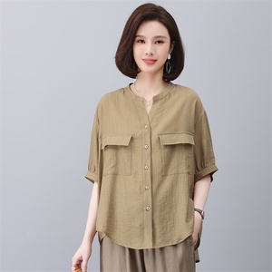 2023夏季新款女装宽松休闲衬衫时尚百搭显瘦V领短袖上衣,卡其色上衣女搭配图片
