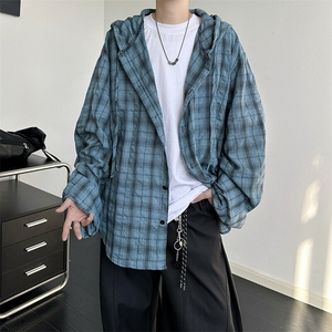 廓形防晒衬衫男夏季长袖冰丝薄款亚麻格子衬衣开衫外套CS29006P50图片