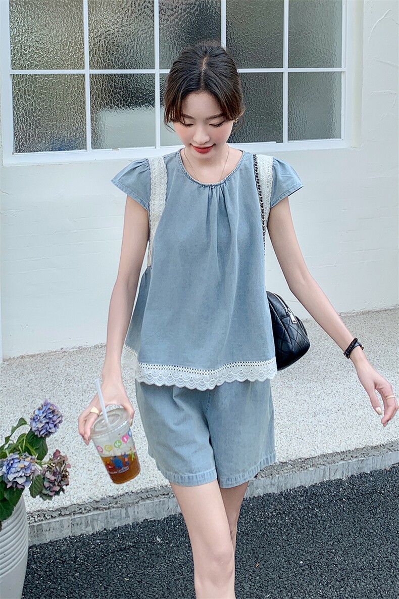 法式复古拼接小飞袖上衣套装女2025夏季新款显瘦牛仔短裤子两件套,女装套装/套裙,秋水欣儿