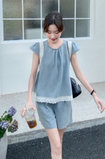 法式复古拼接小飞袖上衣套装女2025夏季新款显瘦牛仔短裤子两件套，女装套装/套裙，秋水欣儿