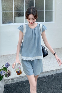 法式复古拼接小飞袖上衣套装女2025夏季新款显瘦牛仔短裤子两件套图片