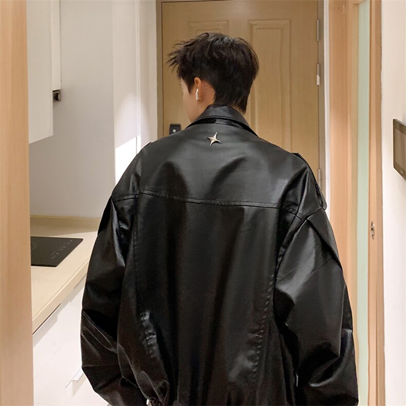 美式复古高街白色皮衣外套男春秋款潮牌小众高级感短款机车服夹克,男装夹克,星座410-7