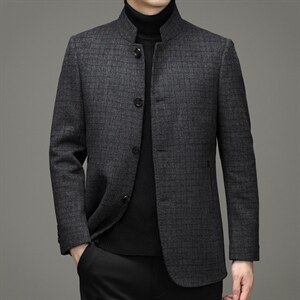 2023新款羊毛风衣男中长款中年秋季纯色大衣休闲外套HM8298-P275图片