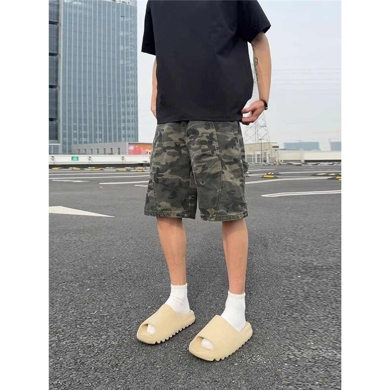 美式复古迷彩牛仔短裤男夏季潮牌水洗宽松直筒五分裤GA957-P40图片
