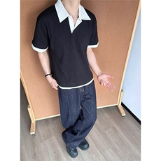 CP1234-P49日系复古假两件撞色翻领短袖polo衫宽松休闲慵懒半袖，男装T恤，电商B323A