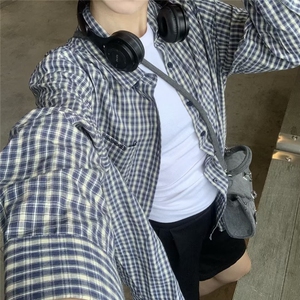 CS8-P34 高级感蓝色格子衬衫女复古女装百搭气质上衣宽松休闲,男装衬衫,电商B323A