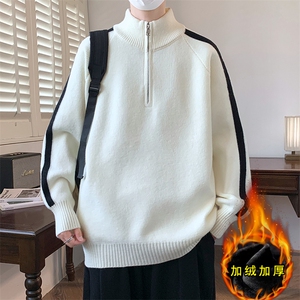 MY7233加绒-TP65加绒半拉链新款针织衫男慵懒风长袖套头毛衣外套,针织条纹上衣怎么搭配下身图片