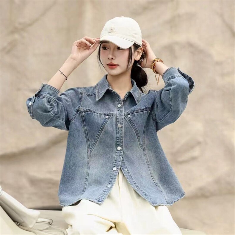 2025春秋新款韩版修身短款百搭牛仔外套女长袖小个子衬衫夹克上衣,女装牛仔外套,莜菲儿
