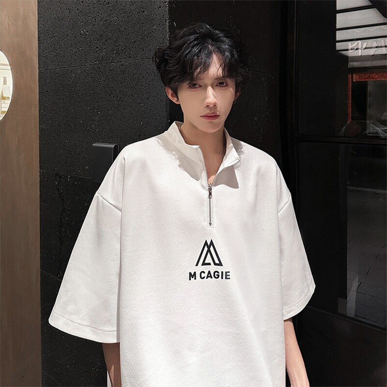夏季宽松美式亨利领半拉链短袖T恤潮半袖XZ808B-WH030-P38,男装T恤,星座808B