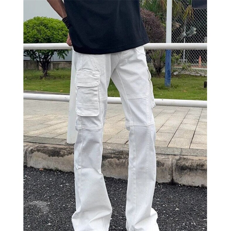 多口袋米白色工装裤男美式潮白色微喇工装牛仔裤KD752,男装牛仔裤,星座1116A（原606A-3）