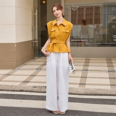 时尚通勤职场棉麻套装女2025年夏系带衬衫上衣+显瘦阔腿裤两件套，女装套装/套裙，艾仟回(原伊仟回)