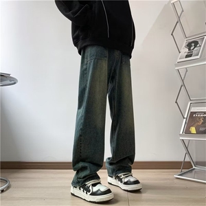 美式复古牛仔裤男水洗做旧高街裤子cleanfit直筒阔腿长裤1676-p40图片