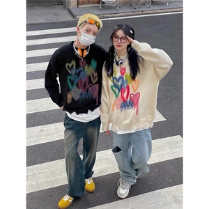 高街潮牌慵懒风毛衣男宽松韩系复古彩色爱心印花针织衫AA11-P34图片