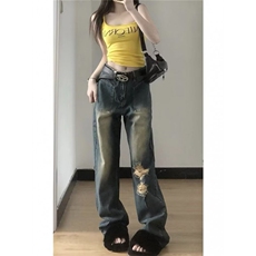 美式vibe复古破洞牛仔裤男女高街嘻哈宽松做旧长裤K60726-P40网图，男装牛仔裤，电商B245