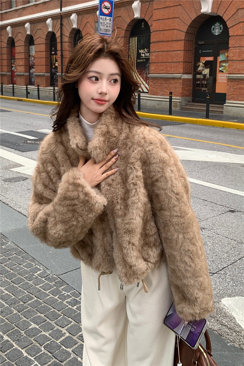 卡其色秋冬皮毛一体外套女仿水貂绒休闲上衣2C353--713#P180K268,女装短外套,2C353