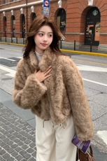 卡其色秋冬皮毛一体外套女仿水貂绒休闲上衣2C353--713#P180K268，女装短外套，2C353
