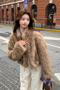 卡其色秋冬皮毛一体外套女仿水貂绒休闲上衣2C353--713# P180K268图片