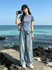 女夏季新款时尚休闲套装蓝色波点上衣烫钻阔腿牛仔长裤两件套显瘦，女装套装/套裙，江南